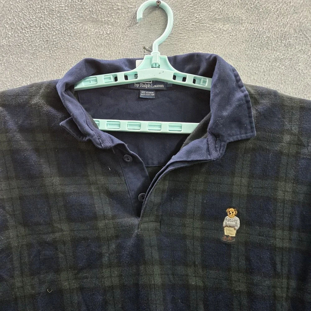 VINTAGE Polo Ralph Lauren Men Polo XL Navy‎ Bear Embroidery Plaid Blackwatch 90s